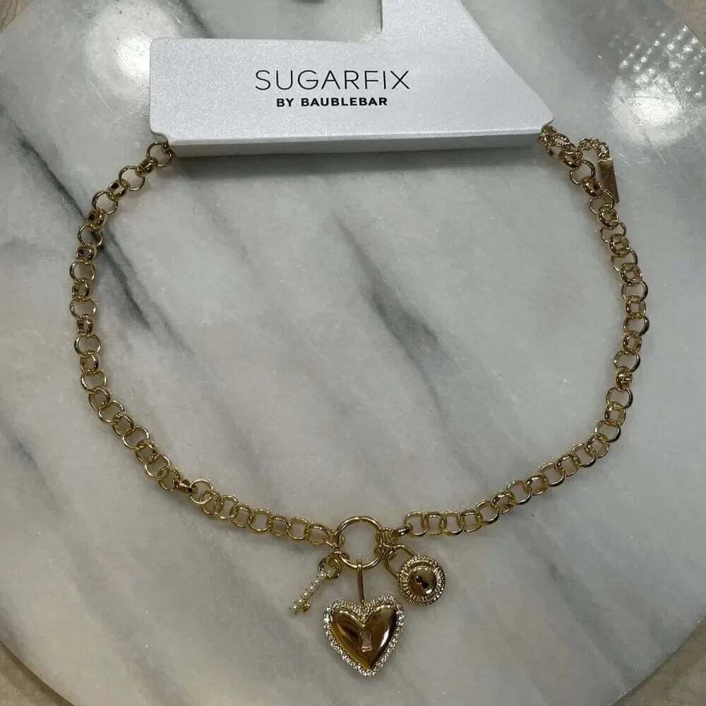 Sugarfix BaubleBar Heart Locket Key Pendant Necklace Statement Gold Tone Jeweled